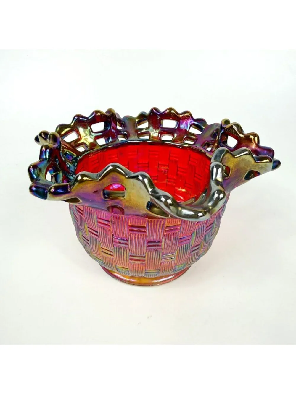 Vintage Fenton Red Carnival Basket Weave Amberina Open Lace Ruffled Bowl 1970s